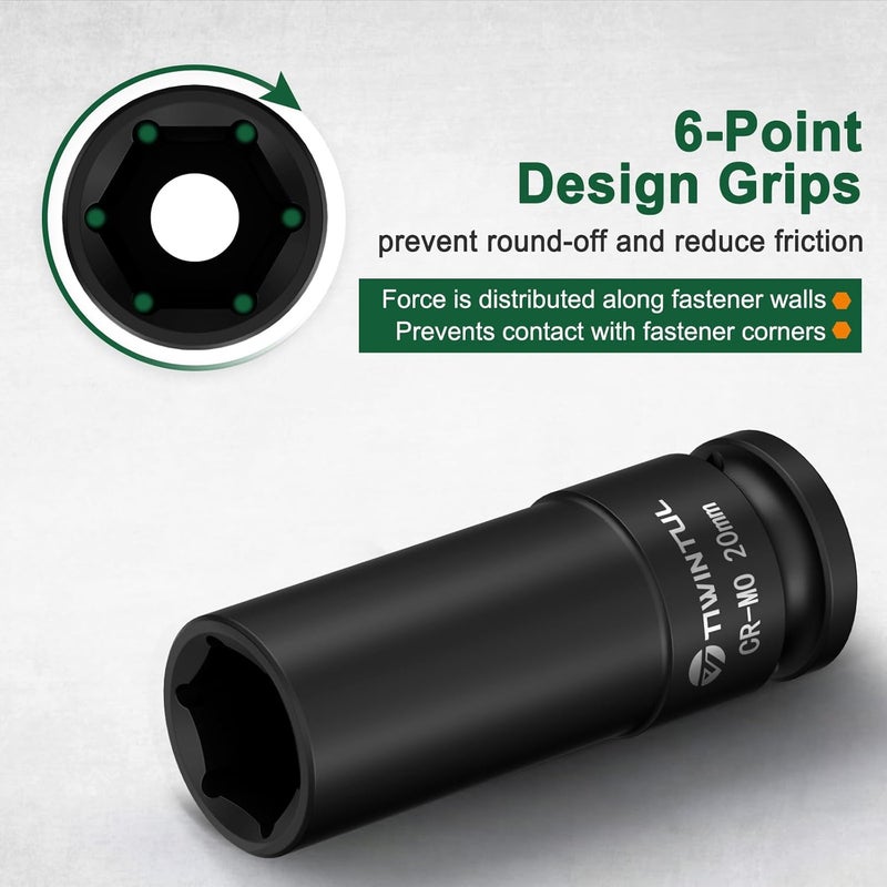 TIWINTUL 20mm Deep Impact Socket 1/2 Inch Drive, CR-MO Steel Impact Socket, 3.07" Length, 6 Point Design, Metric Size Socket for Automotive and Mechanical Equipment Maintenance - Image 2